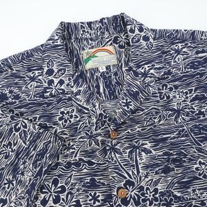 Paradise Found Men's Hawaiian Shirt Size L‎ Blue White Tropical Palm Tree Floral